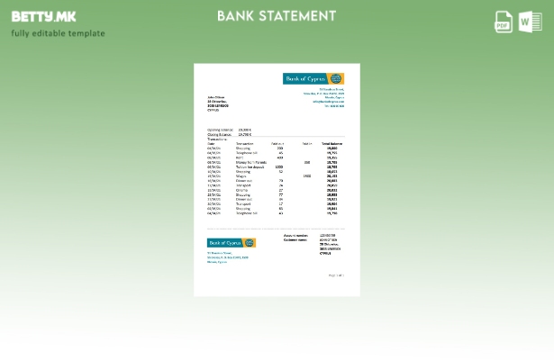 модерен стил шаблон ексел за извод на банка на Кипар на Кипар